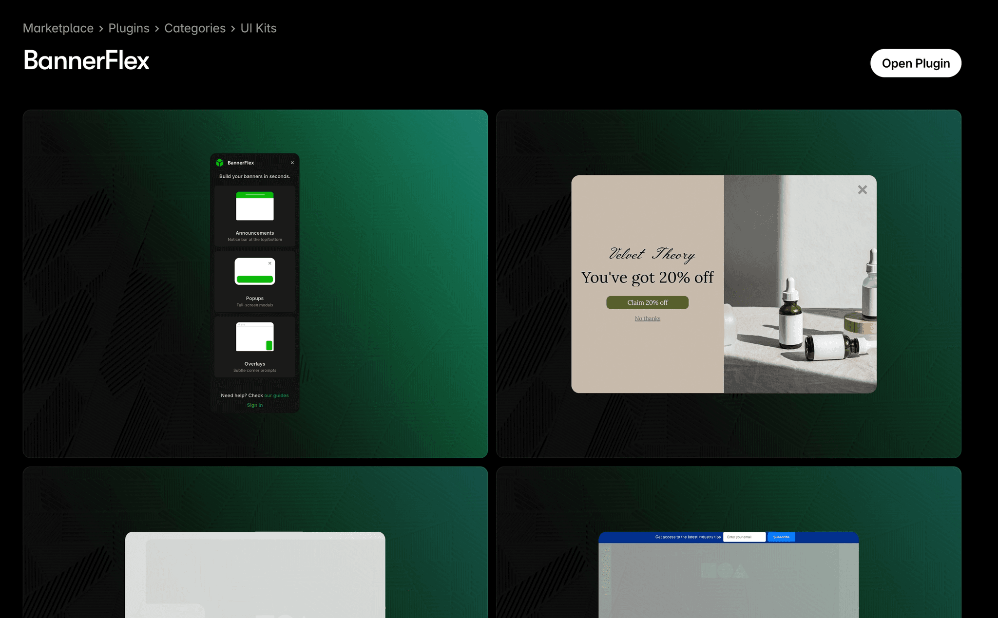 BannerFlex on the Framer Marketplace — plugin page showing Announcements, Popups, and Overlays with example previews